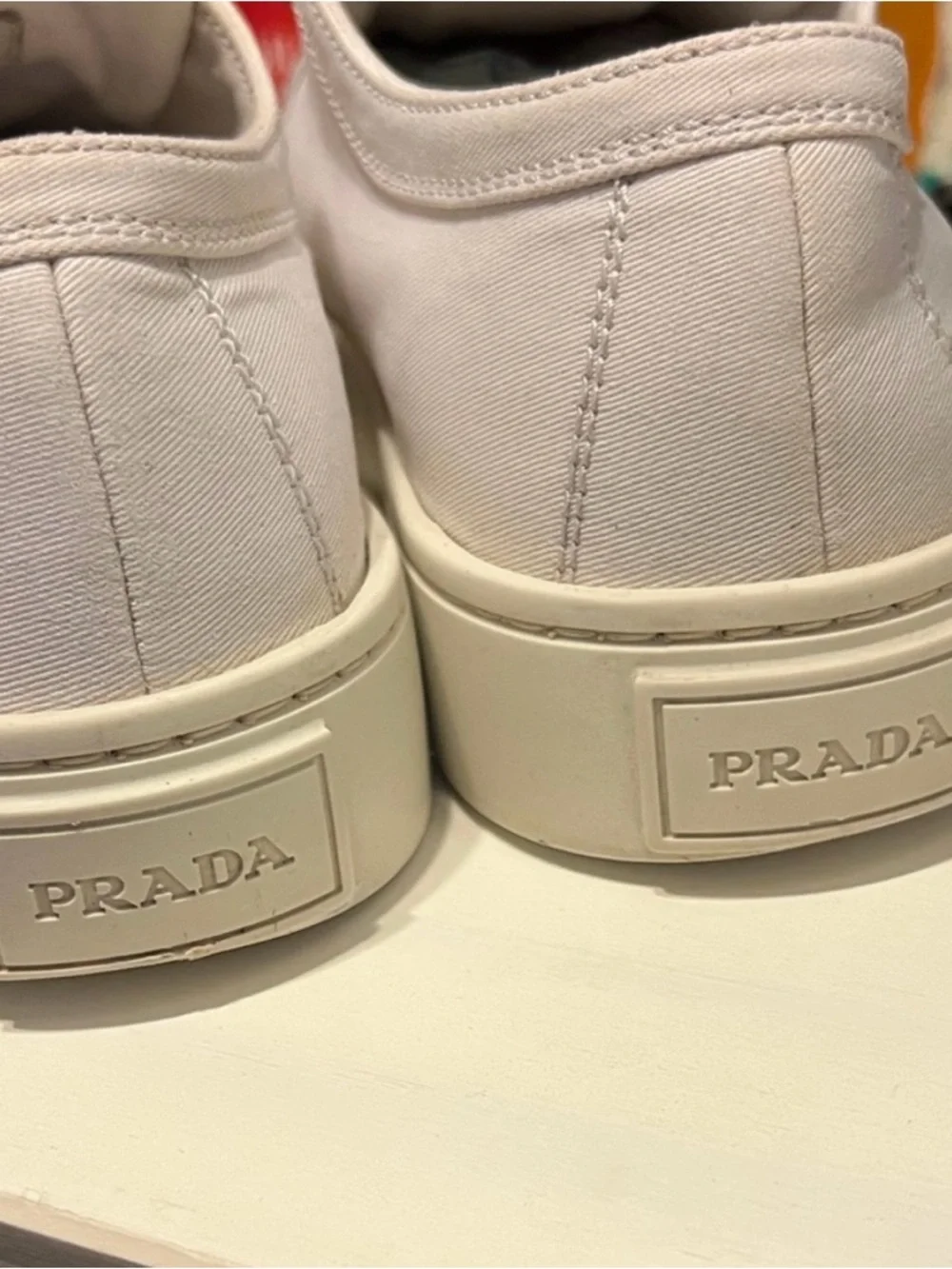 Prada Wheel Gabardine White Canvas Low-Top Sneakers with Logo Heel sz 37 1/2 - Picture 8 of 12